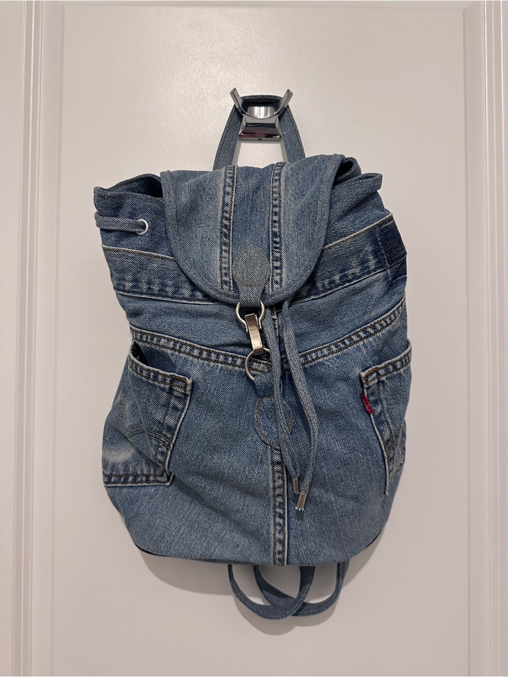 Vintage Hand & Heart Upcycled Levi’s Denim Backpack Y2K Drawstring Reworked